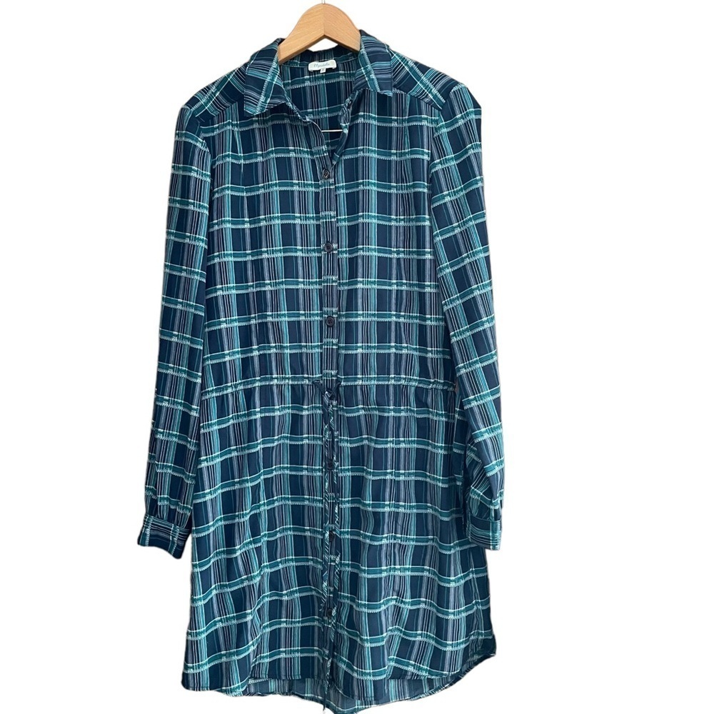 Marabelle Blue Green Plaid Cinch Waist Shirt Dress